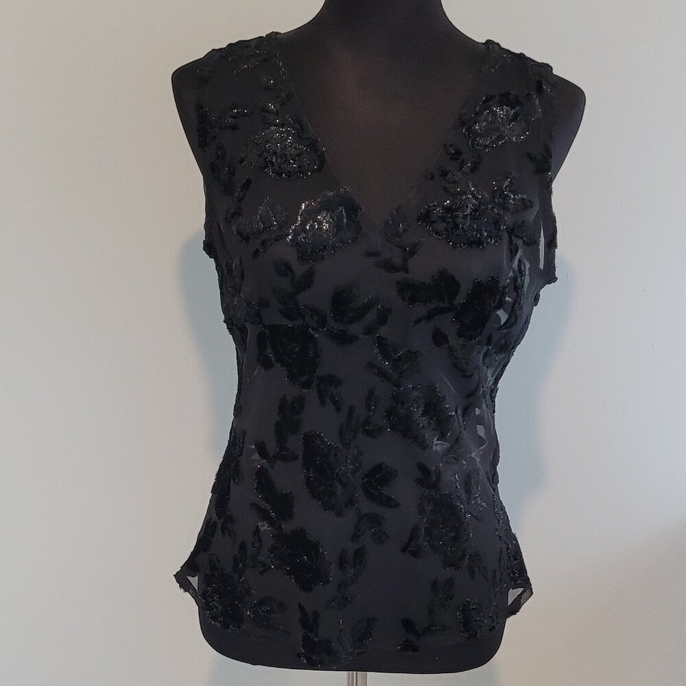Pinko Italian Made Black Sheer Velvet Rose Embellished Tank US 8
